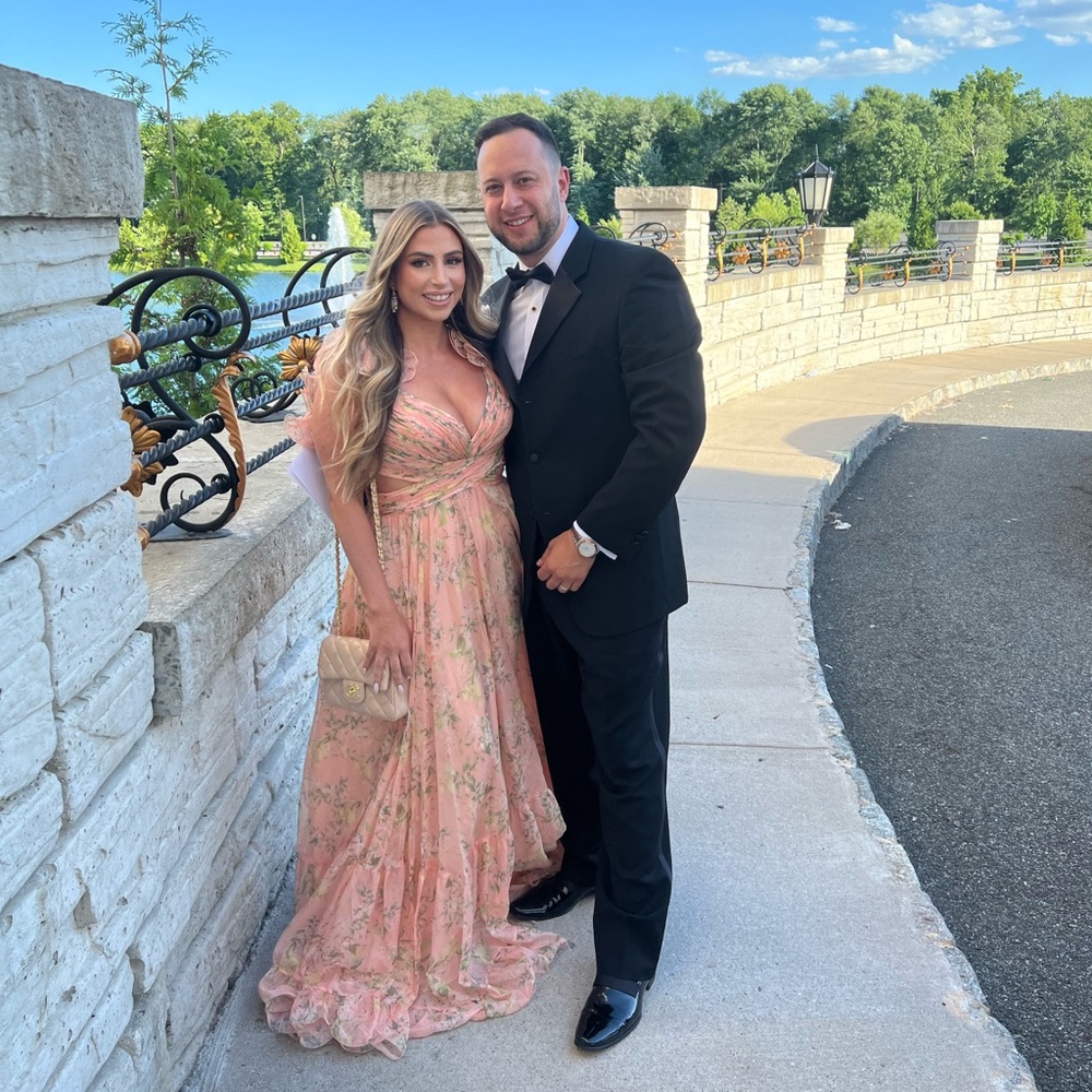 Mac Duggal pink floral ruffle chiffon gown